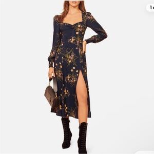 Reformation Wallflower Floral Print Crepe Midi Dress In Blue Size 0